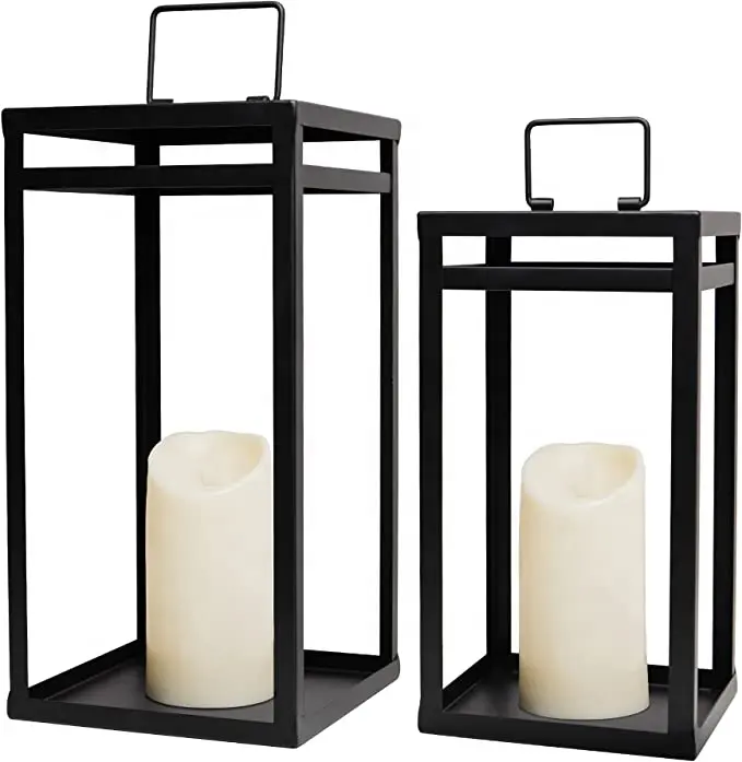 15.8'' & 12.6'' Chunky Farmhouse Lantern Decor for Indoor Outdoor Fireplace metal Black candle holders lanterns and candle jars