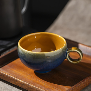 Độ sáng bóng màu vàng bên trong màu xanh phản ứng bên ngoài Hai cốc men với vòng đơn xử lý đặc biệt gốm cà phê cốc nhỏ - Product Image 2