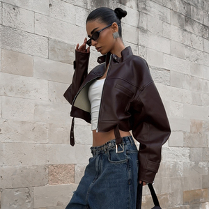 Blouson court en PU tissé pour femme, automne, fermeture éclair sur le devant, col à volants, uni, teinture écologique, coupe ample, décontracté, manches longues - Product Image 6