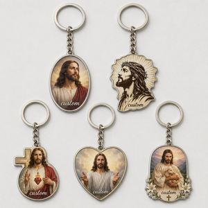 Porte-clés en alliage de zinc personnalisés en gros avec portrait religieux de Jésus, symboles d'églises, baptême, foi chrétienne, mission, souvenir - Product Image 1