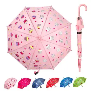 Ovida 키즈 스트레이트 우산 색상 변경 패브릭 귀여운 케이크 패턴 클래식 스타일 반자동 접이식 열기 나무 손잡이