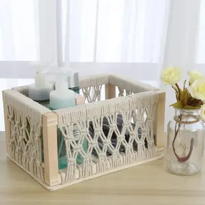 Handmade Boho Decor Box Natural Cotton Rope Woven Bins with Wood Handles Cabinet Organizer Home Cubes - Set of 3