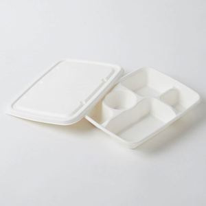 Assiette carrée biodégradable en bagasse blanche 350 ml avec 4/5/6 compartiments séparés, retournable, avec couvercle - Product Image 1