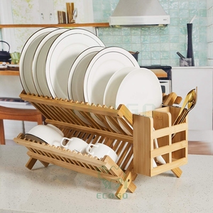 Space - Saving Collapsible Bamboo Dish Rack: 2 - Tier Design with <b>Utensil</b> <b>Holder</b> for <b>Kitchen</b> Countertop - Product Image 2