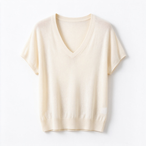 Haut en tricot personnalisé à col en V et manches courtes, respirant, décontracté, pour l'été, vêtements en tricot pour femmes - Product Image 1