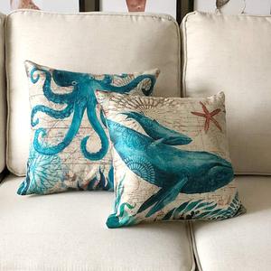 Housse de coussin de style méditerranéen, 4 pièces, thème océanique, tortue, hippocampe, pieuvre, baleine, adapté à la décoration de la maison et du jardin - Product Image 2