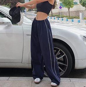 <span class=keywords><strong>Pantaloni</strong></span> Larghi da Donna Neri con Elastico in Vita e Strisce Laterali Bianche, Stile Casual per Streetwear - Product Image 3