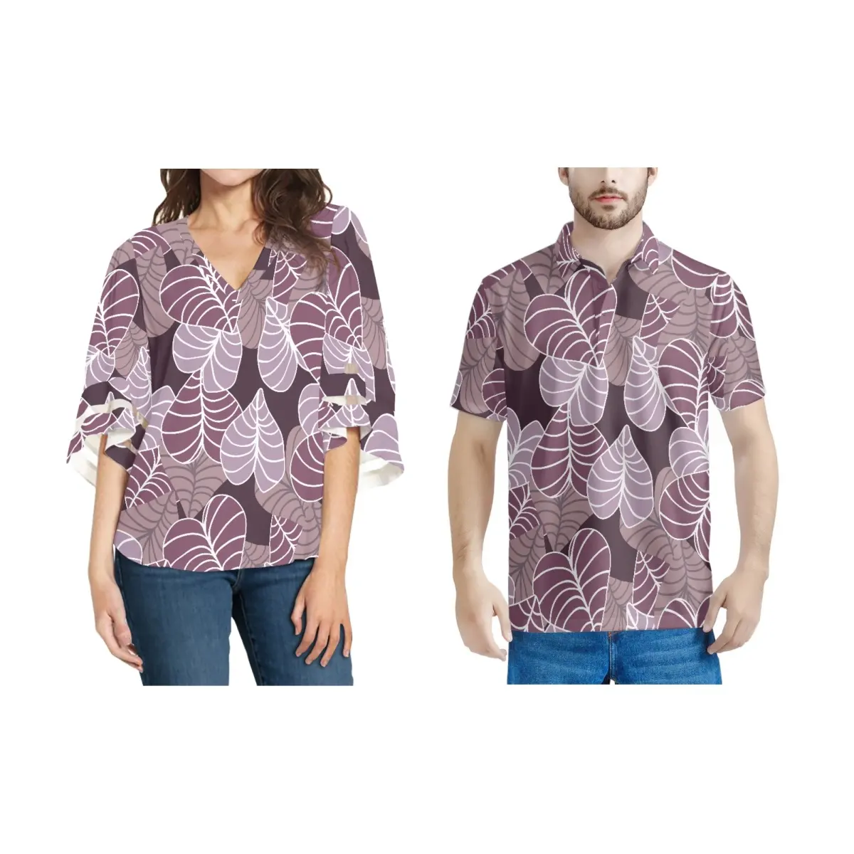 Women's V-neck Chiffon Blouse With Men's Polo Shirts Custom Print Design Butterfly Sleeve Tops Purple Kalo Leaf Lady Tee T-shirt