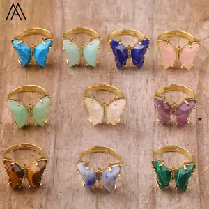 Cincin Kupu-kupu Perhiasan Bagus, Cincin Pertunangan, Batu Alam Kuarsa Kristal Perunggu untuk Wanita Hadiah Ulang Tahun Gadis