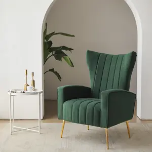 Kursi sandaran tangan kain furnitur ruang tamu, kursi kaki logam emas tunggal nyaman beludru hijau tua Nordik