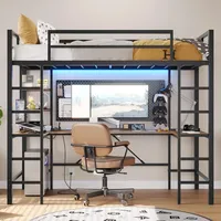 Lit mezzanine de taille avec bureau en U et lumières à LED Cadre de lit en métal à double LED avec station de charge et étagère de rangement