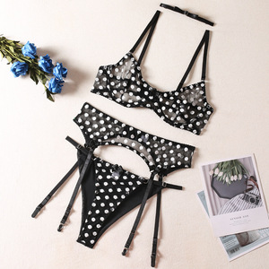 Cintura giarrettiera in Lingerie a pois Set 4 pezzi puro <span class=keywords><strong>reggiseno</strong></span> <span class=keywords><strong>erotico</strong></span> e mutandine donna fantasia Sexy intimo - Product Image 6