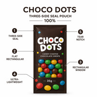 Bolsa de Embalaje Plana Ligera con Ventana y Sellado de Tres Lados para Chispas de Chocolate Recubiertas de Caramelo, para Choco Dots, Dulces y Coberturas