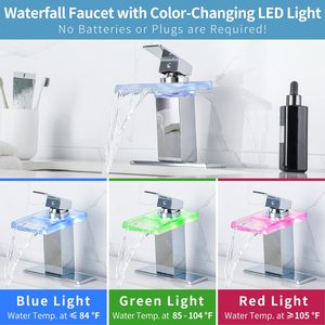 Robinet de lavabo de salle de bain moderne à cascade avec noyau en céramique sans contact, lumières LED sensibles à la température, montage sur comptoir - Product Image 2