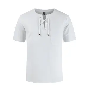 High Quality Cotton/Hemp V-Neck Lightweight Short Sleeve Bandage Customized Slim Men V Neck T Shirts