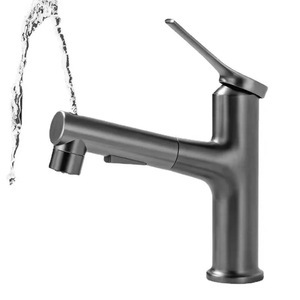 Gunmetal Gray Pull Out Basin Faucet Single Handle Ceramic Valve Core Deck <b>Mounted</b> For Washbasin - Product Image 1