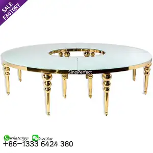 Glass Dining Table Modern Gold Metal Stainless Steel Half Moon Full Moon Round Event Banquet Party Dining Dinner Glass Wedding Reception Table