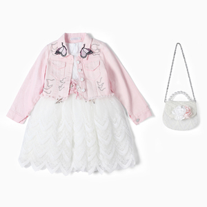 Robe blanche pour enfants, vêtements pour filles, manteau en jean, sac, ensembles trois pièces, vêtements pour enfants, robes de fête pour filles - Product Image 1