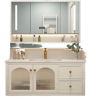 Meuble de salle de bain Wharton OEM moderne en bois massif avec lavabo en céramique, robinet en cuivre, évier mural, utilisation extérieure, miroir LED