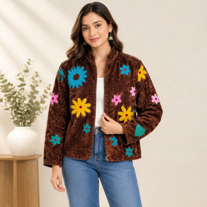 <b>Women</b> Handmade <b>Velvet</b> Embroidered Bomber Jacket Stand Collar Floral Pattern Eco-Friendly Breathable Cotton Shell <b>Velvet</b> Lining - Product Image 1