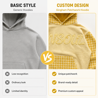 Sweat à capuche personnalisé OEM ODM à carreaux gingham avec empiècements contrastants et appliqués, effet délavé, usine BSCI, lots flexibles, streetwear éco-responsable
