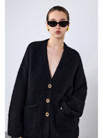 Cardigan en cachemire pur à 100 %, écologique, vintage, tricoté épais et duveteux, pour femme, coupe oversize, col en V, devant ouvert, épaules tombantes, avec patch