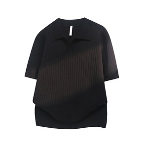 Maglia da uomo a maniche corte con scollo a V, colletto a gabbiano, a righe, stile Old Money, in seta ghiaccio traspirante e anti-umidità, estiva - Product Image 3