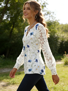 Top in <span class=keywords><strong>Pizzo</strong></span> da Donna <span class=keywords><strong>Blu</strong></span> Navy con Maniche Lunghe, Scollo a V e Stampa Floreale, Traspirante in Stile Vintage - Product Image 5