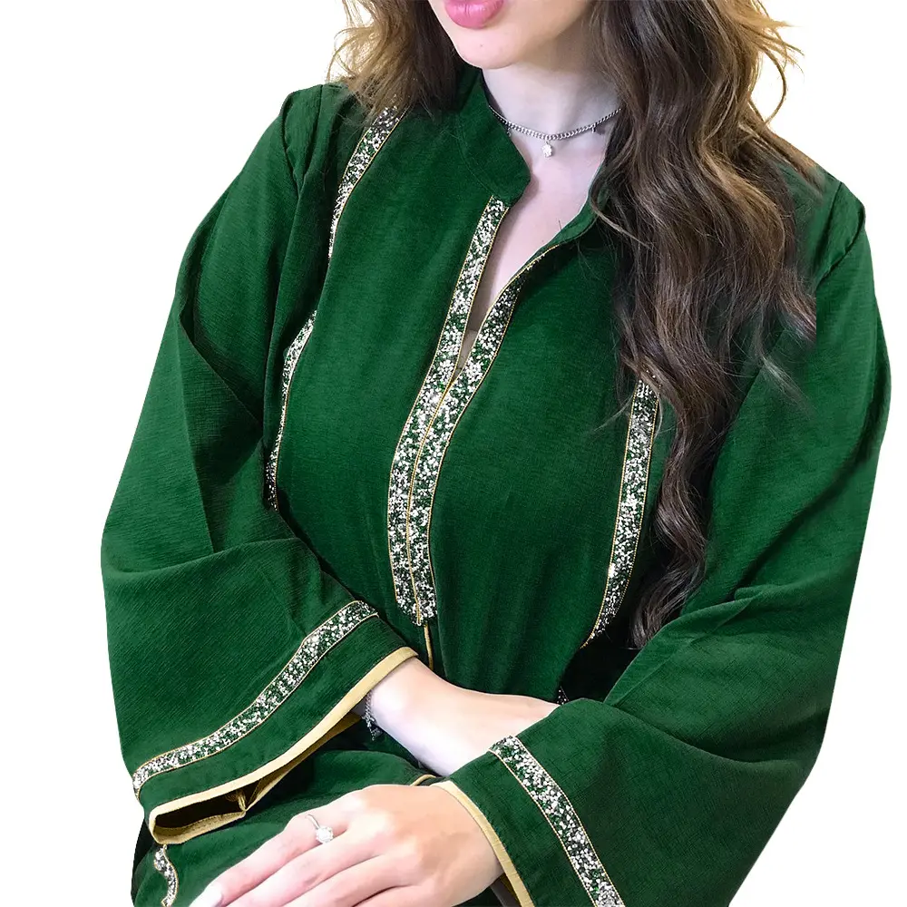 Gaun panjang muslim wanita, gaun Hem longgar jaring berlian Lebaran 2024 gaya wanita muslim Dubai elegan