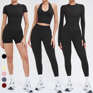 Completo Sportivo Senza Cuciture da <span class=keywords><strong>Donna</strong></span>, Top Halter con Maniche Lunghe, Maglietta da Palestra con Fori per i Pollici, Pantaloncini Yoga con Effetto Push-Up, Set Yoga - Product Image 6