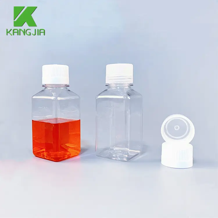 Sterile Serum Media bottles 4oz 8oz 16oz 32oz Cell Culture square bottle PET PETG Lab Consumable Plastic medium Flask Graduated