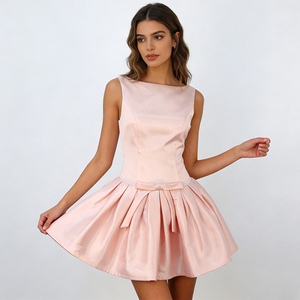 Abito Mini Estivo <span class=keywords><strong>Elegante</strong></span> da Sera Rosa per Donna - Dettaglio Fiocco in Raso, Schiena a V, Gonna Plissettata Svasata - Product Image 3