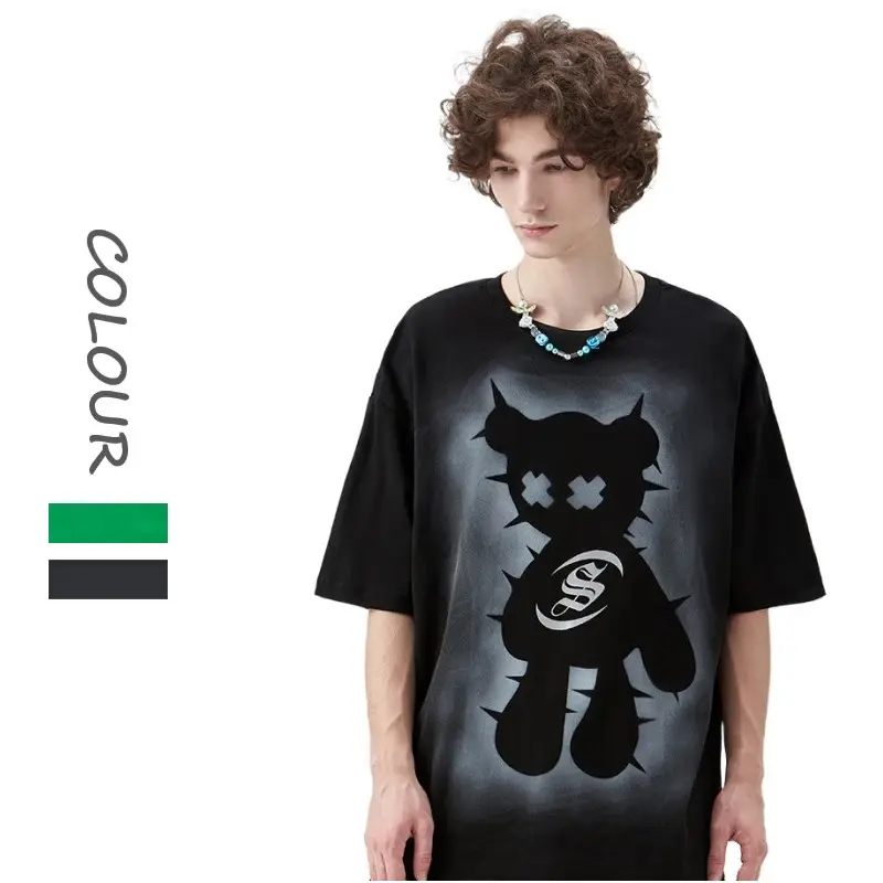 Kaus katun Anime beruang Inkjet Thorn reflektif merek kualitas tinggi pilihan populer kaus oblong pakaian jalanan cetak cuci grosir