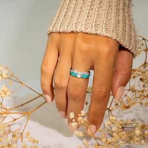 T0879 Women's 18K Solid <b>Gold</b> Engagement <b>Ring</b> With Round Brilliant Diamond Pave Setting And <b>Turquoise</b> Inlay - Product Image 5
