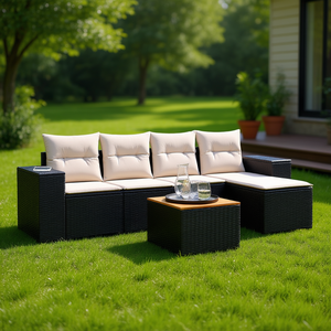 Ensemble de canapés de patio modulaires en rotin PE noir avec coussins en mousse haute densité, mobilier de jardin extérieur, design contemporain, imperméable - Product Image 2
