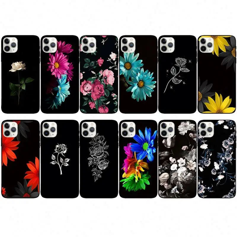 Capa de celular 3d de silicone tpu com flores, preta, de desenho animado, para iphone 11, 12, 13 pro, max, xr, x, xs, 7, 8 plus