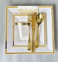 Service de table doré 175 pièces – Assiettes carrées en plastique à bord doré, jetables et robustes, avec gobelets, serviettes et couverts pour 25 invités