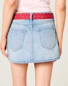 Jupe courte décontractée en jean respirant à taille régulière avec lien et broderie imprimée - Product Image 3