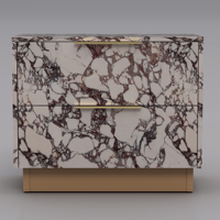Table de chevet moderne en marbre Calacatta Viola avec deux tiroirs et poignées en laiton sur base en bois pour projet de villa