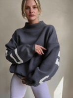 Sweat-shirt à col montant pour femme, col à nœud, en molleton de coton 400 g/m², coupe oversize, chaud, pour l'hiver