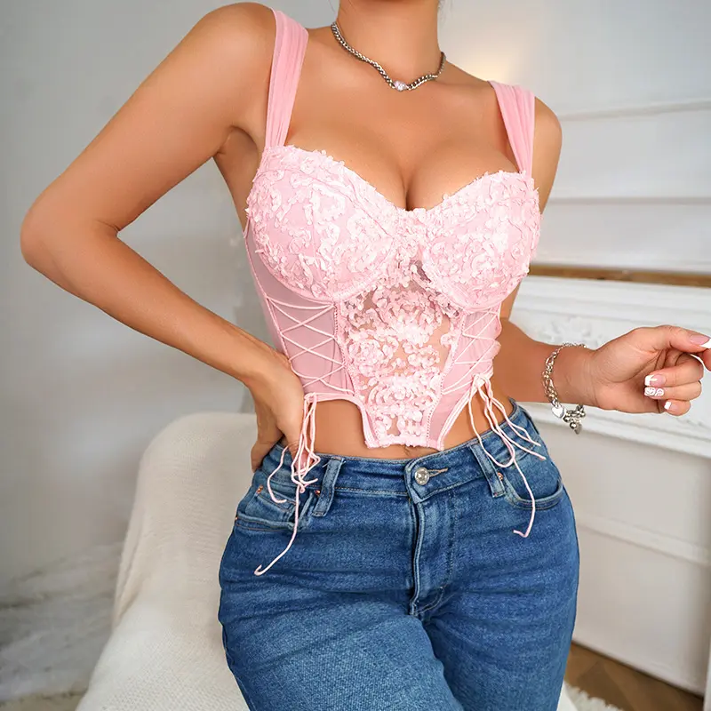 Chuangerm pink top womens wide shoulder strap V neck camisole mesh steel ring drawstring embroidery corsets for women tops