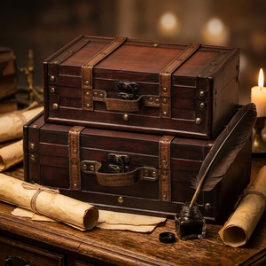 Coffret de rangement rectangulaire décoratif en bois laqué - Lot de 2 valises vintage avec sangles, boîte antique - Product Image 4