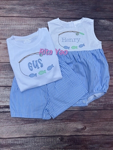 Ensemble de shorts en vichy bleu pour <span class=keywords><strong>petit</strong></span> garçon d'été, t-shirt blanc pour garçon, tenue deux pièces assortie, bébé garçon monogramme bulle - Product Image 1