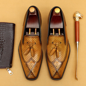 Mocassins à pampilles en cuir véritable noir, bout carré, respirants, à enfiler, pour hommes, chaussures décontractées d'été - Product Image 3