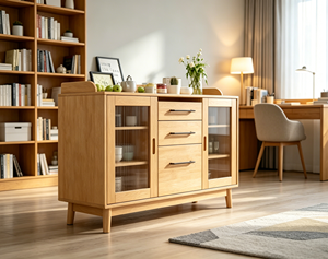 Modern Solid Wood Living Room <b>Cabinet</b> with Glass Doors 3 Drawers 2 Shelves Scandinavian Storage Furniture - Product Image 3