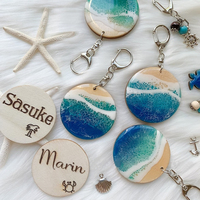 Porte-clés personnalisé en résine et bois, motif vague de plage, fait main, souvenir et cadeau promotionnel en gros