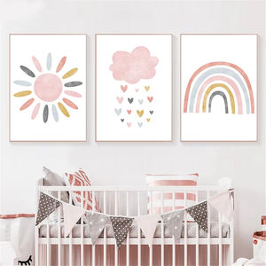 Stampa su Tela per Bambini con <span class=keywords><strong>Nuvole</strong></span> Rosa, Sole e Arcobaleno, Arte Murale per Cameretta, Poster Nordico per Decorazione Stanza dei Bambini - Product Image 1