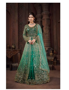 Designer Anarkali Suit with Intricate Thread Embroidery <b>Sequin</b> Bead Embellishment Net Fabric Full <b>Flare</b> Festive Wear - Product Image 1
