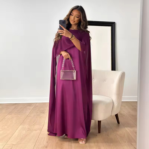 Robes pour femmes grande taille, col rond, châle de balançoire ample, robe en mousseline de soie solide, robe longue de Bohème, vêtements arabes - Product Image 3