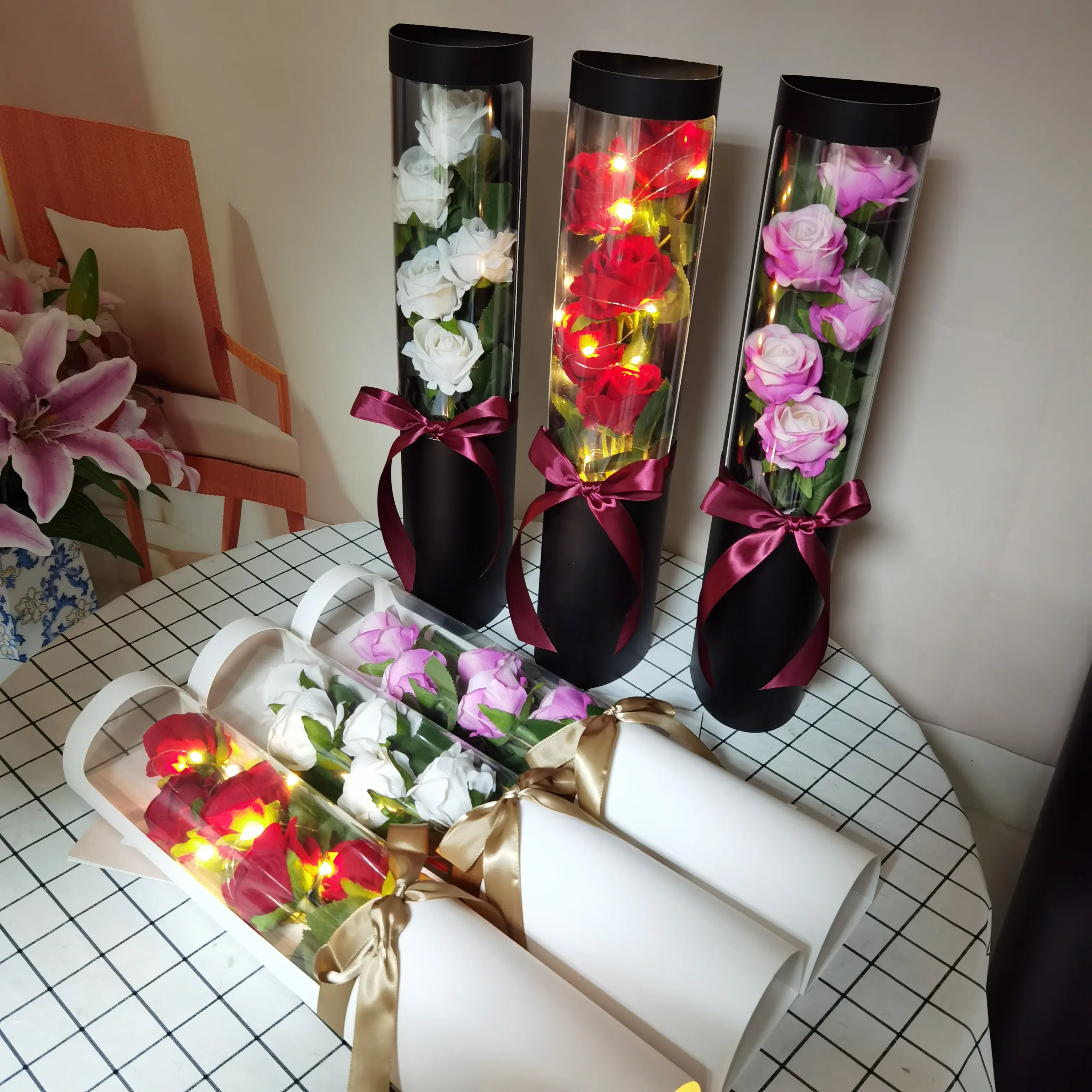 Sabonete artificial de rosas com flores secas em buquê, caixa de balde com luz led presente de dia dos namorados, 9 rosas